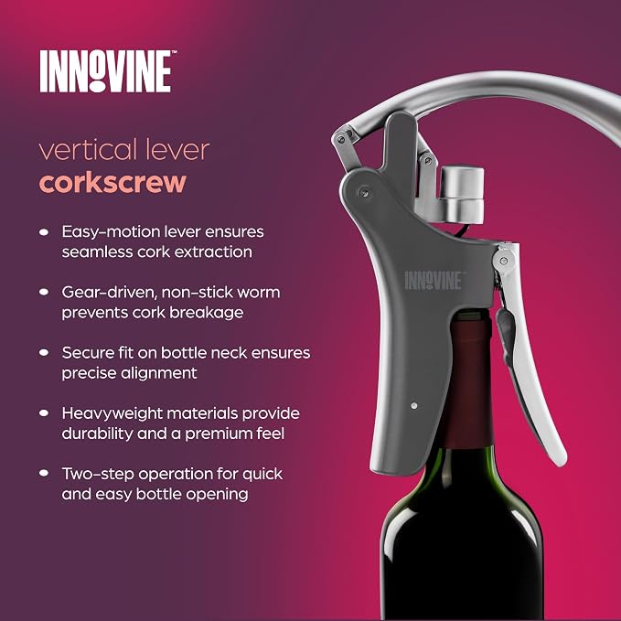 Innovine Level Corkscrew 4-Piece Wine Tool Set – Vertical Lever Corkscrew, 6-Blade Foil Cutter, Drip Stop Pour Spout & Silicone Bottle Stopper – Complete Wine Accessories for Home Bar & Gifting