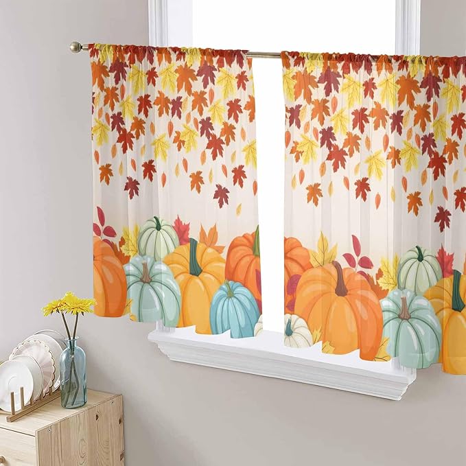 Thanksgiving Fall Chiffon Semi-Sheer Curtain 54 Inch,Autumn Pumpkins Maple Leaves Rod Pocket Voile Window Curtain Panels,Orange Watercolor Tulle Curtains Drape for Living Room/Sliding Door, 104"x54"