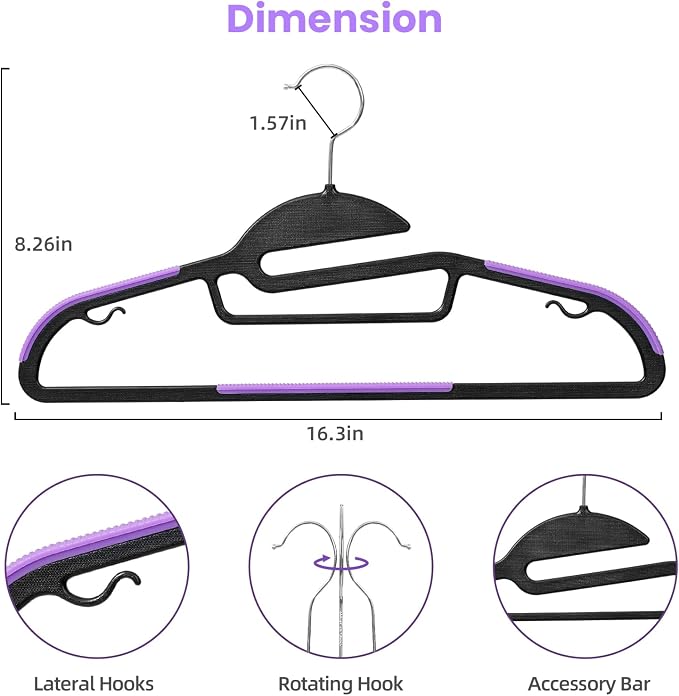 BAGAIL Plastic Hangers 50 Pack with Non-Slip Design,0.2 Inches Thick, 360°Swivel Hook Space Saving Organizer for Bedroom Closet,Shirts,Pants(Purple- S Shaped)