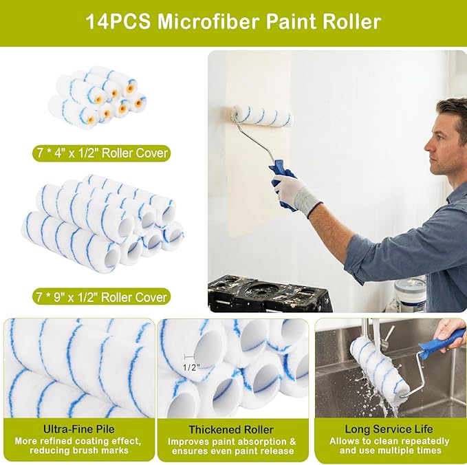Housolution 33PCS Paint Roller Kit with 2–4 FT Extension Pole, 4 Inch 9 Inch Microfiber Paint Roller, 4 Brushes, Painters Tape, Drop Cloth, Professional Painting Supplies for Walls Ceilings and Home