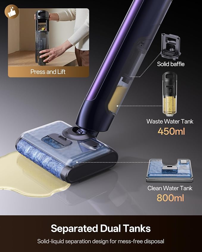 Ultenic Wet Dry Vacuum Cleaner, Vacuum Mop for Wet & Dry Messes, 180° Lay-Flat & Auto Self-Cleaning, 60Mins Runtime ＆ Edge-Cleaning, Anti-Tangle Roller for Hard Floor and Pet Hair, AC1 TriFlex