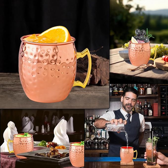 UNISWEET Moscow Mule Copper Mugs-100% Pure Copper Handmade, Gold Brass Handles, 16oz for Drinking, Premium Moscow Mule Copper Cups Set of 4 for Cold Drinks Cocktail Beer Wine Party Bar