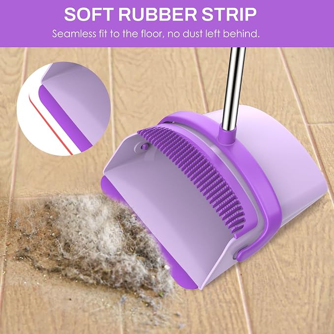 Broom and Dustpan Set for Home, 51-in Long Adjustable Handle Angle Broom and Dustpan Combo Set with Dust Pan Teeth to Clean Hair for Home Kitchen Office Lobby Floor Garden, Purple