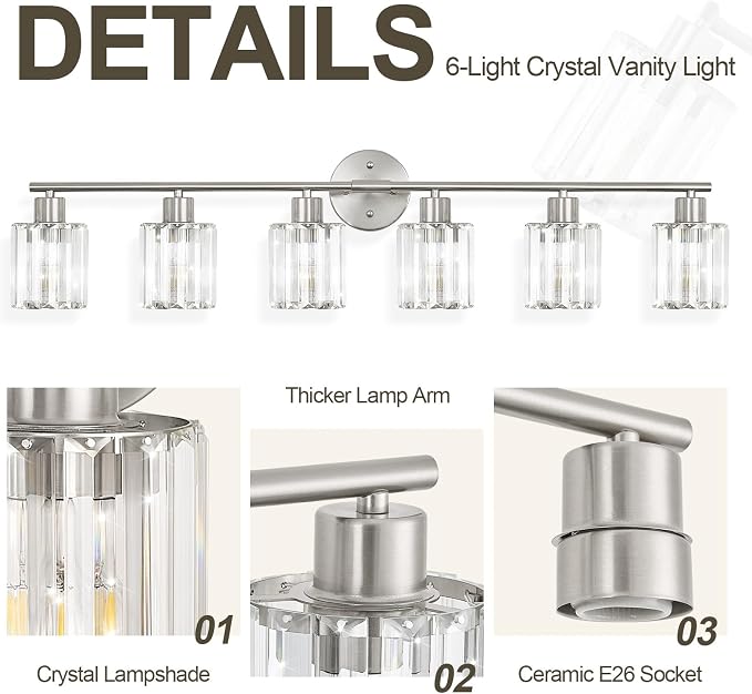 Crystal Bathroom Light Fixtures,Bathroom Lighting Fixtures Over Mirror, Modern 6-Light Brushed Nickel Vanity Lights for Mirror, Restroom,Kitchen(Ceramic E26 Socket,Bulbs Not Include)