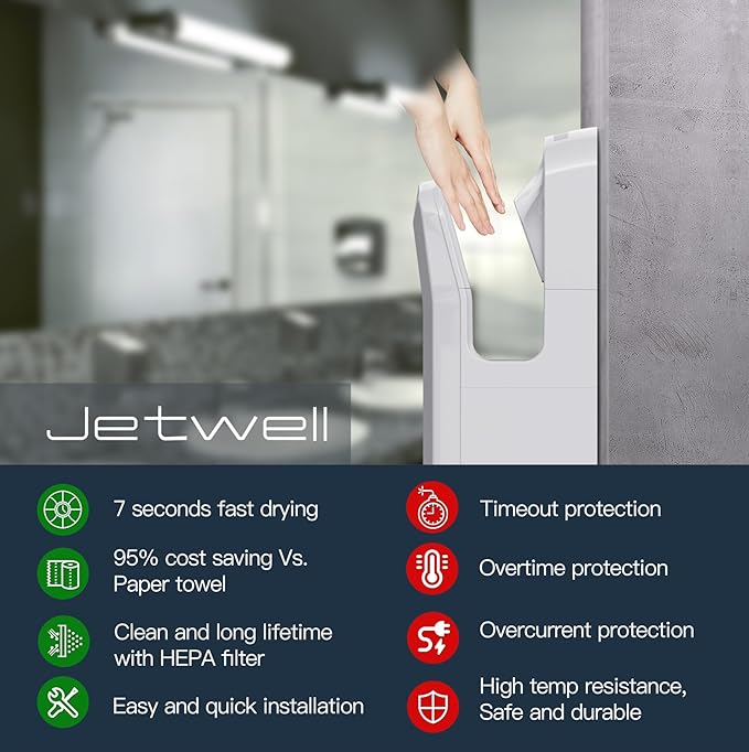 JETWELL Vertical Premium Commercial Hand Dryer- High Speed Jet Air Motor Speed Adjustable with HEPA Filter- Automatic Warm Wind White Plastic Cover Hand Blower