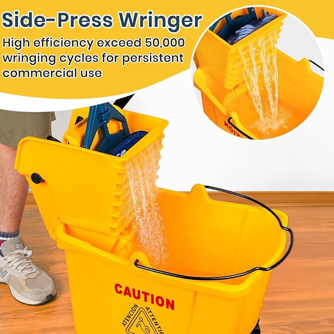 35 Quart Commercial Mop Bucket with Side Press Wringer on Wheels and 1 Industrial Mop for Floor Cleaning, Use at Home Business Area, Janitorial Supplies, Rectangular
