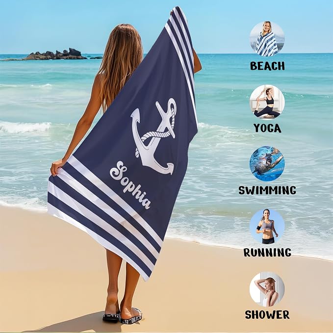 JML Personalized Beach Towel with Name, Custom Anchor Beach Towel, Customized Microfiber Pool Towel, Quick Dry & Absorbent Swim Towel for Adult,Anniversary, Birthday, Summer Holiday,Vacation