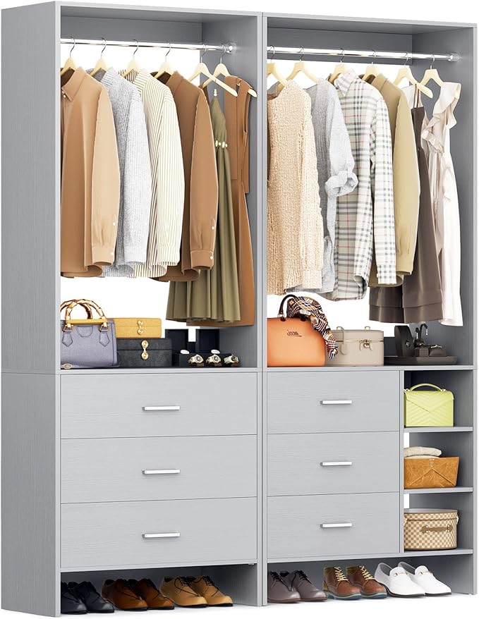 Aheaplus Closet System with 6 Drawers, 4.5ft Wood Closet Organizer System, Walk-in Closet or Small Closets Wardrobe, Clothes Rack with Hanging Rods, Set of 2 Grey