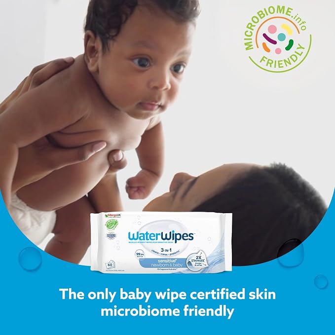 WaterWipes Sensitive+ Newborn & Baby Wipes, 3-In-1 Cleans, Cares, Protects, 99.9% Water, Unscented & Hypoallergenic, 240 Count (4 Packs)