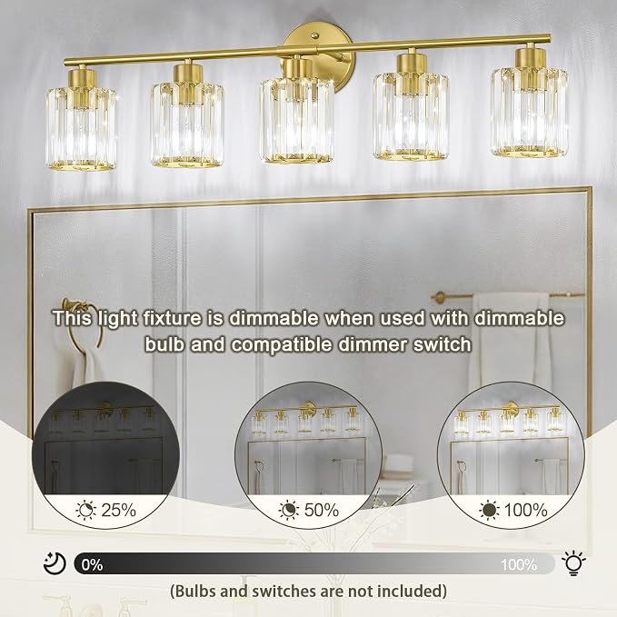 Crystal Bathroom Light Fixtures,Bathroom Lighting Fixtures Over Mirror, Modern 5-Light Gold Vanity Lights for Mirror, Restroom,Kitchen(Ceramic E26 Socket,Bulbs Not Include)