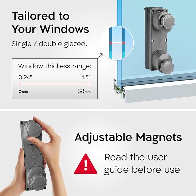 Tyroler Magnetic Window Cleaner Tool | The Silicone Glider R-3 AFC Fits Windows 0.2"-1.5" Thick | Double Sided Outside Window Cleaner Tool | Adjustable Control