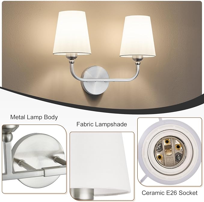 Bathroom Light Fixtures, Brushed Nickel Bathroom Vanity Light, 2-Light Lighting Fixtures Over Miror, Modern Wall Sconce with Flared White Fabric Shade, E26 Socket(ETL Listed)
