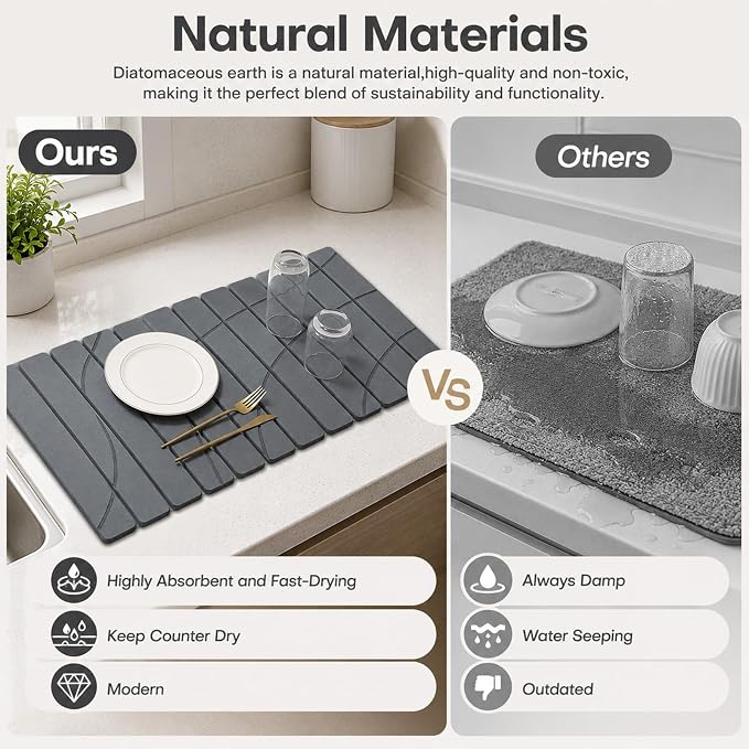 Extra Large Stone Dish Drying Mat for Kitchen Counter, Quick Dry Stone Dish Mats, Foldable Water Absorbing Diatomaceous Drying Pad for Countertop Bottles Utensils Bathroom (Flow Line Gray 32"x16")