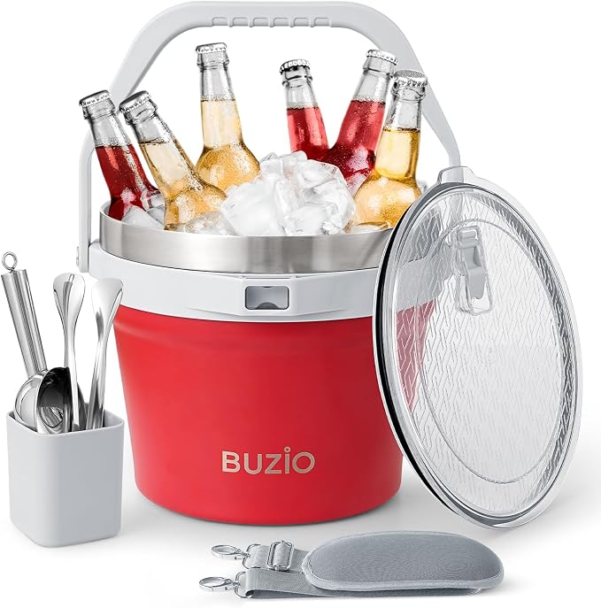 BUZIO 7.4 Qt/7 L Double Wall Insulated Ice Bucket with Lid Scoop & Tongs | Stainless Steel Beer Bucket for Party Cocktail Bar Champagne, Adjustable Shoulder Strap, Holds 6 Longnecks or 3 Wine Bottles