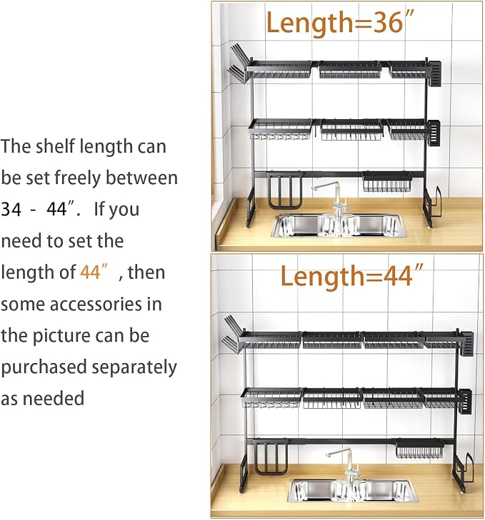 PUSDON Over Sink Dish Drying Rack Stainless Steel, Adjustable Large Dish Drainer for Storage Kitchen Organization White 3 Tier - Standard(34"-46")