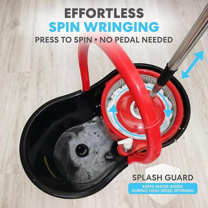 Simpli-Magic 360° Spin Mop and Bucket with Wringer – 3 High-Absorbent Microfiber Washable Heads – Spinning Mop and Bucket Set for All Types Floor Cleaning (Black)