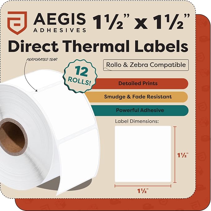 Aegis Adhesives - 1.5" X 1.5" Square Direct Thermal Labels (10800 Count, 12 Rolls) - QR Code Stickers, Price Tags, Barcode Labels for Inventory - Compatible with Zebra Printers, NOT Rollo Compatible