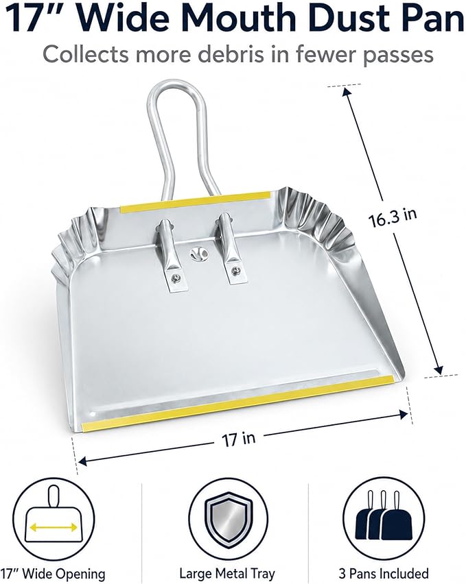 3-Pack 17" Heavy Duty Metal Dust Pans, Wide Dustpans for Household, Easy to Assemble