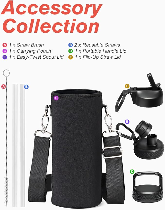 Water Bottle 40 oz Insulated with Straw&Brush, Coolflask Vaccum Stainless Steel Metal 3 Lids Water Flask for Sports, Gym or Office, Keep Cold 48H Hot 24H, Magic Black