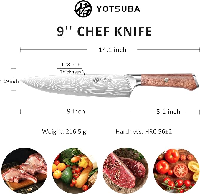 YOTSUBA 9 Inch Japanese Chef Knife, Razor Sharp Professional Kitchen Knife, High Carbon Stainless Steel with Ergonomic Wood Handle, Premium Gift Box for Home Cooking and Gifting
