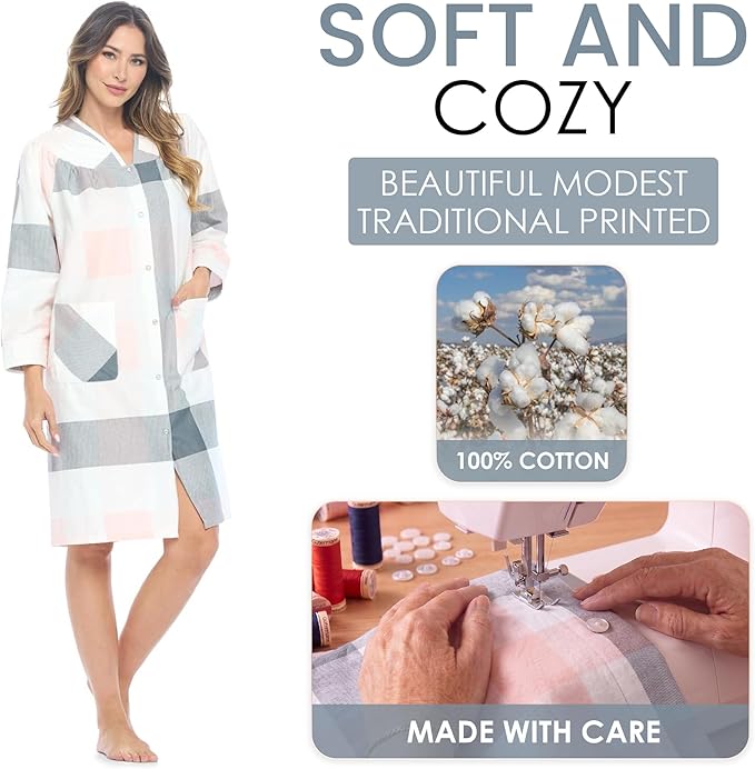Casual Nights Women's Floral Snap Front Flannel Duster Long Sleeve Lounger Dress
