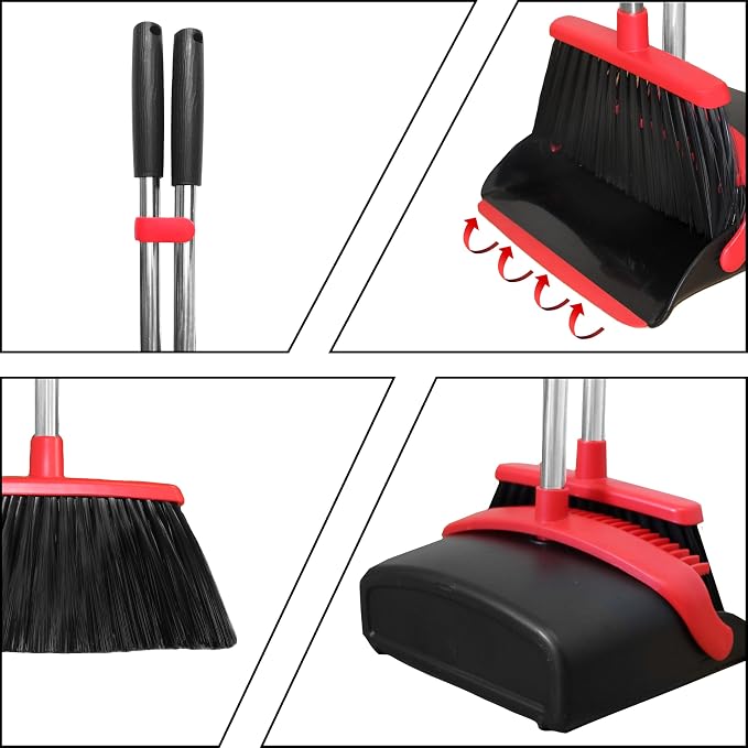 Long Handle Broom and Dustpan Set, Self-Cleaning with Dustpan Teeth for Home, Kitchen, Office, and Pets – Stand-Up Design for Indoor & Outdoor Sweeping (Red)