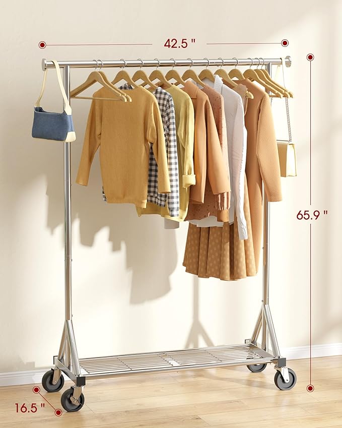 Sakugi Heavy Duty Stainless Steel Rolling Clothes Rack with Mesh Shelf, Lockable Wheels & Anti-Slip Stoppers, Large Capacity Clothing Organizer for Bedroom, Laundry Room, 42.5" x 16.5" x 65.9", Silver