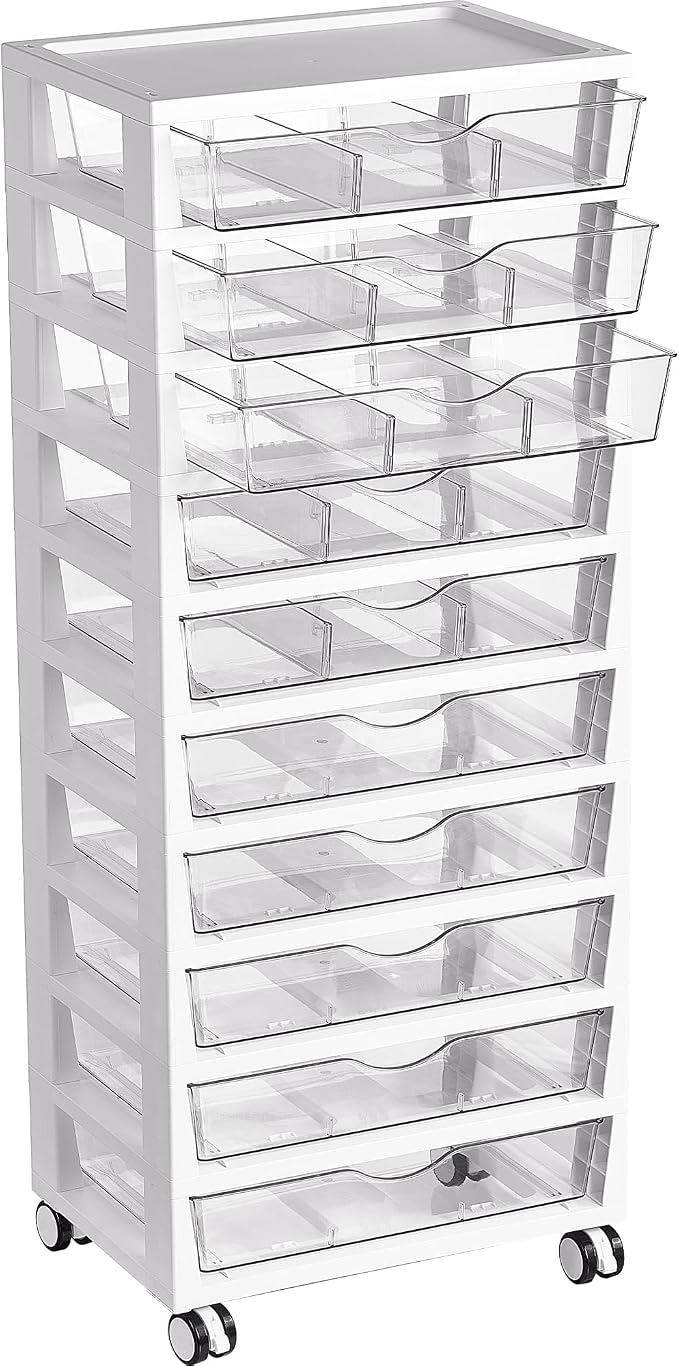 Vtopmart 10 Tier Rolling Cart with Drawers, Clear Plastic Drawers with Removable Dividers for Art &Office Supplies, Beauty Products, Toy, Under Desk Storage for Craft Room, Classroom