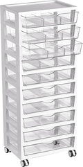 Vtopmart 10 Tier Rolling Cart with Drawers, Clear Plastic Drawers with Removable Dividers for Art &Office Supplies, Beauty Products, Toy, Under Desk Storage for Craft Room, Classroom