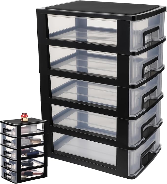 Cabilock 5 Drawer Plastic Storage Organizer Clear Desktop Drawer Storage Cabinet for Office Study Bathroom Craft Supplies