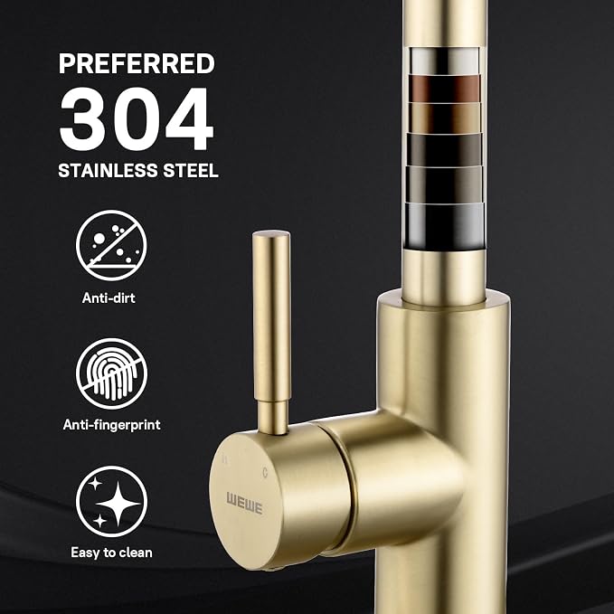 WEWE Gold Kitchen Faucet with Pull Down Sprayer, Single Handle Brushed Gold Kitchen Sink Faucets Stainless Steel Brass Copper Commercial RV 1 or 3 Hole, Champagne Bronze