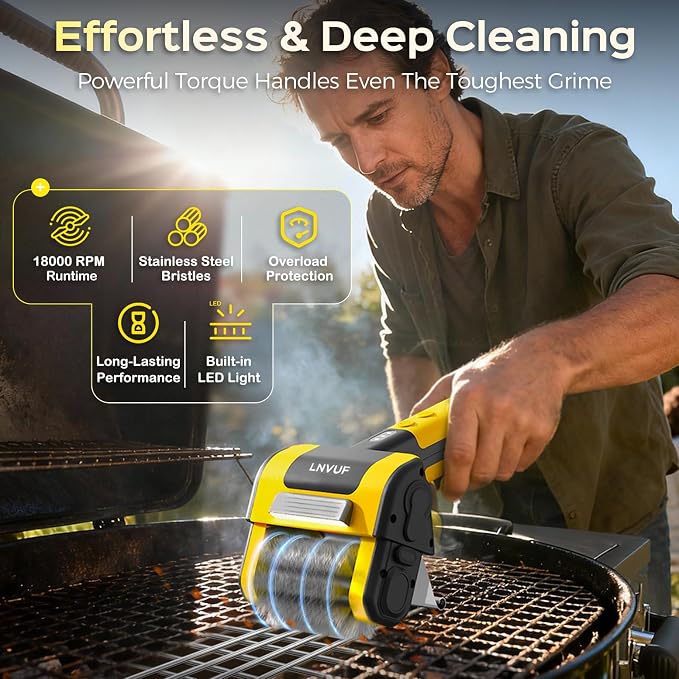 Electric Grill Brush, Grill Cleaner with LED Light, with 800 RPM Motor, Heavy Duty Grill Cleaning Tool (Yellow), Personalized Father s Day Gift s for Dad