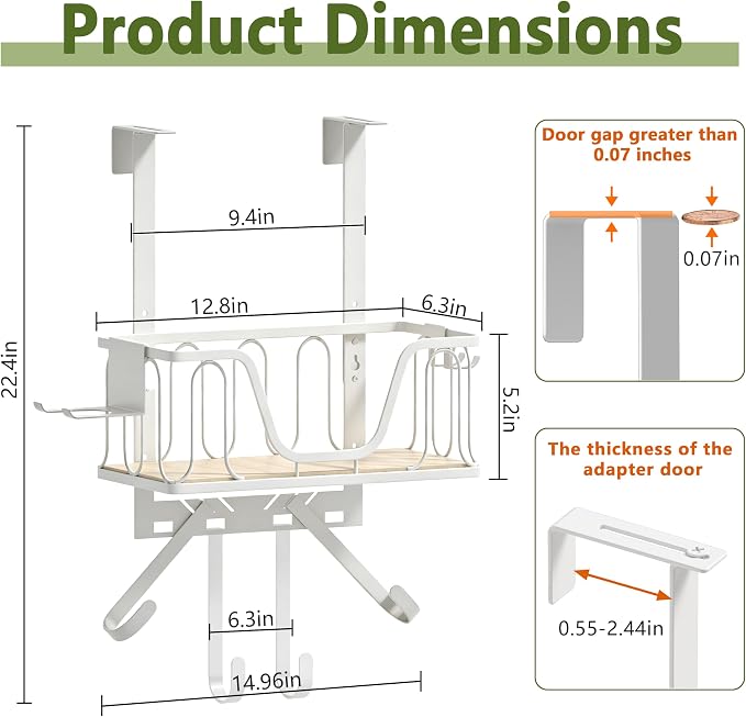 Ironing Board Hanger, CUFURNIX Wall Mount or Over the Door Iron Holder, Adjustable for Door Thickness, Fits T and Y Shaped Legs, High-Sided Basket & Side Hooks for Laundry, Sewing Room, White
