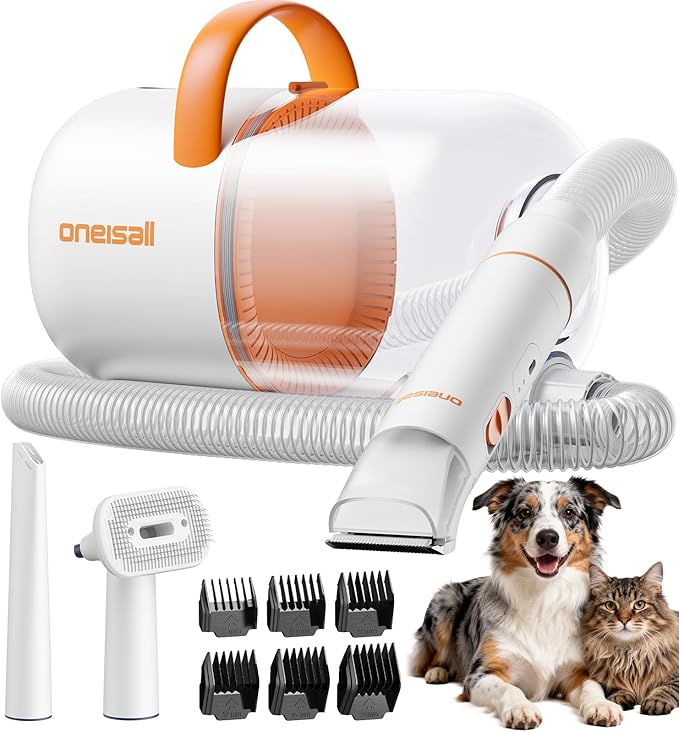 oneisall Dog Grooming Vacuum - 15000Pa Suction, Captures 99% Pet Hair to Reduce Shedding, Dog Grooming Clippers & Quiet Brush (≤59dB) with 4 Accessories, 2L Dust Canister for Home Cleaning（Orange）
