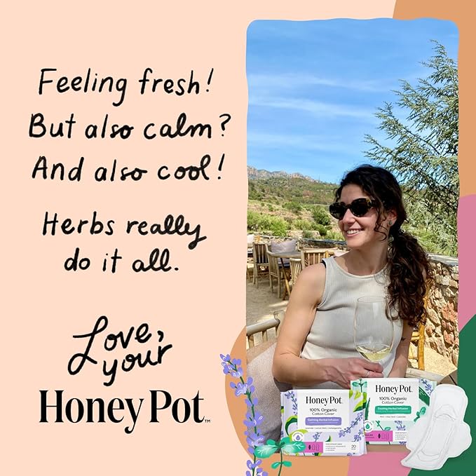 The Honey Pot Company - 80ct - Herbal Sanitary Pads for Women - Regular Flow w/Wings - Infused w/Essential Oils for Cooling Effect & Organic Cotton Cover - Feminine Care