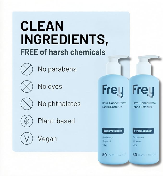 FREY Natural Liquid Fabric Softener and Conditioner | HE Laundry Softener for All Machines | Plant-Powered Eco Friendly Formula | 2-Pack, Bergamot Beach