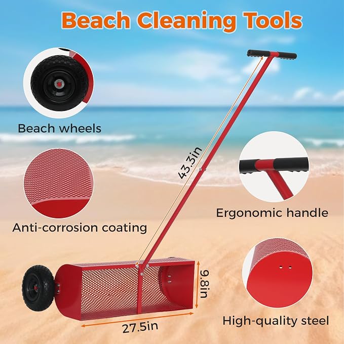 28in Beach Cleaning Tool with Wheels, Basket-Shaped Sand Sifter | Beach Cleaning Tool 28in Wide Basket-Shaped with Wheels, Beach Sand Cleaning Machine for Treasure Hunting & Family Activities