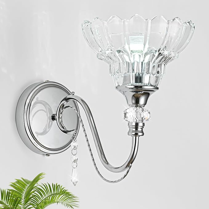1 Piece Brushed Chrome Finish Wall Sconce, 1-Light Modern Wall Sconce with Hanging Crystal Accents and Flower-Shaped Clear Shades for Bathroom Bedroom Living Room,Modern Vanity Light