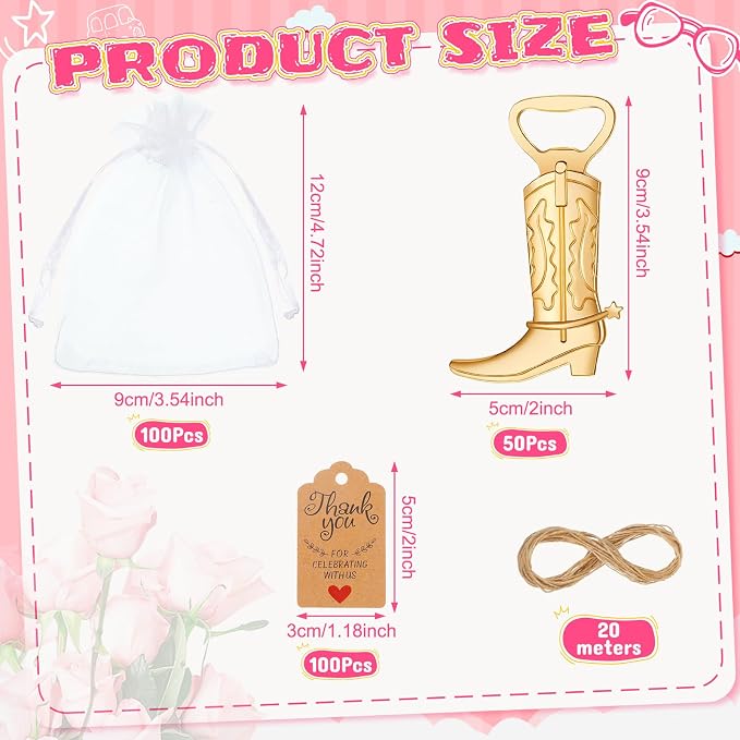 251 Pcs Cowboy Boot Bottle Opener Set Cowgirl Western Derby Wedding Party Favor Includes Cowboy Beer Bottle Opener Organza Bag Thank You Tag and Jute Rope for Guest Wedding Party Baby Shower