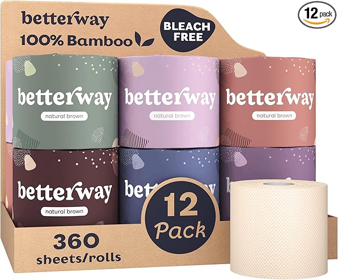 Betterway Unbleached Bamboo Toilet Paper Rolls - Eco-Friendly 3 Ply Toilet Tissue - 12 Long-Lasting Rolls - 360 Sheets/Roll - Organic, FSC Certified, Septic Safe TP - Lint-Free, PFAS-Free Bath Tissue