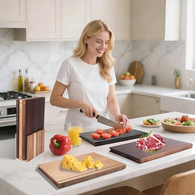 Book Cutting Board Set with Wooden Stand | Wooden Kitchen Book Shaped Cutting Board for Vegetables Cheese Meat, Chopping Board Gift Set for Home Cooks & Kitchen Decor