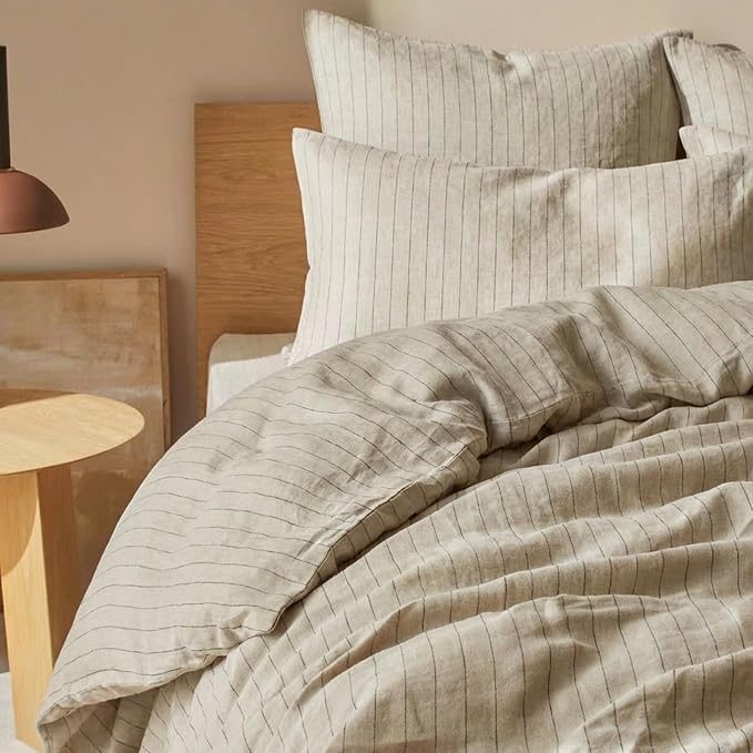 mixinni 3 Piece Striped Duvet Cover Set, Neutral Washed Cotton Linen Blend Bedding, Vintage Stripe Comforter Cover with 2 Pillowcases, Soft Breathable Farmhouse Bed Set for All Season-Queen Size