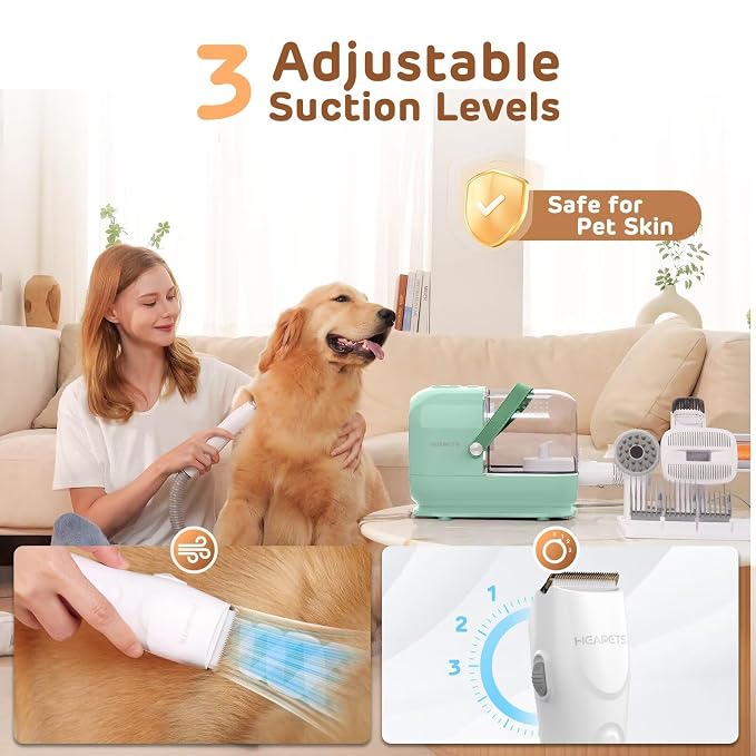 HEAPETS Dog Grooming Vacuum Kit - 3L Vacuum with 7 Tools, Low Noise Electric Clipper and Brush for Pet Shedding at Home, Green