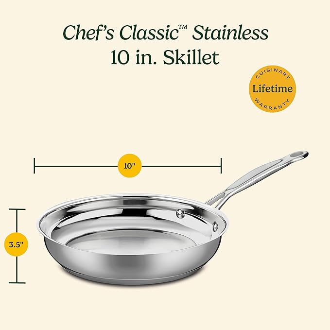 Cuisinart 10-Inch Open Skillet, Stainless Steel Skillet Large Kitchen Pan, Dishwasher Safe, Compatible with Induction, Electric, Gas Cooktops, Oven Safe Saucepan, Cool Grip Handles