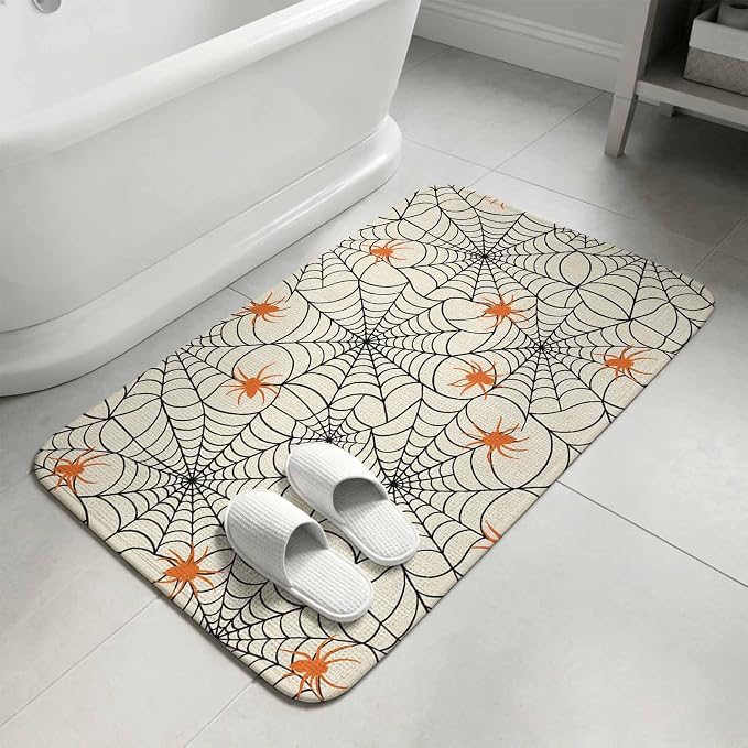 Small Door Mat Indoor Outdoor 15.7"x23.6",Halloween Absorbent Non Slip Entry Rug,Black Net Classic Spiders Gingham Orange Rustic Low Profile Welcome Mat for Front/Side Door Apartment Entrance Bathroom