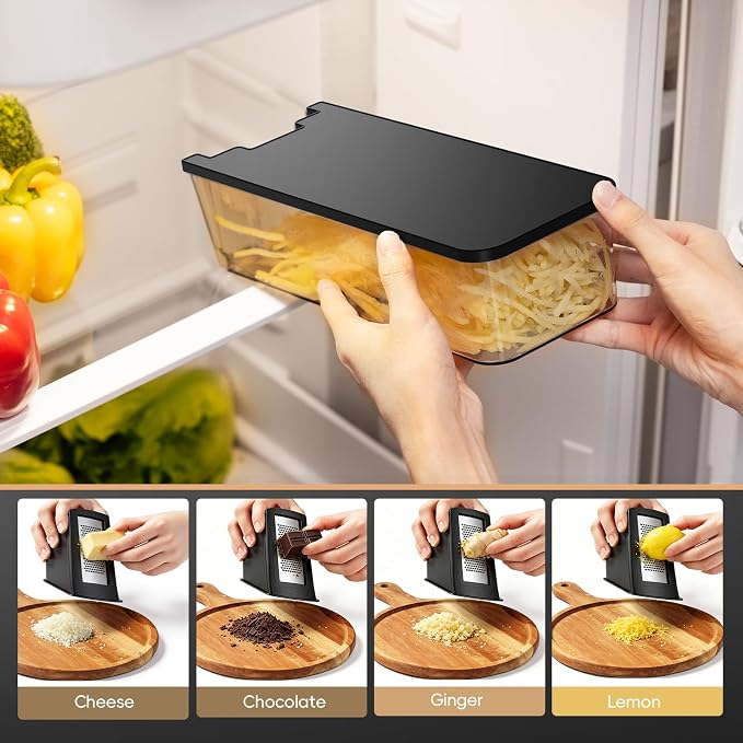 Vegetable Slicer for Kitchen, Safe Mandoline Slicer, Adjustable Veggie Potato French Fry Cutter, Wider Tray & Stainless Steel Grater & Filter Basket & Lid & Cleaning Brush (Black Pro)