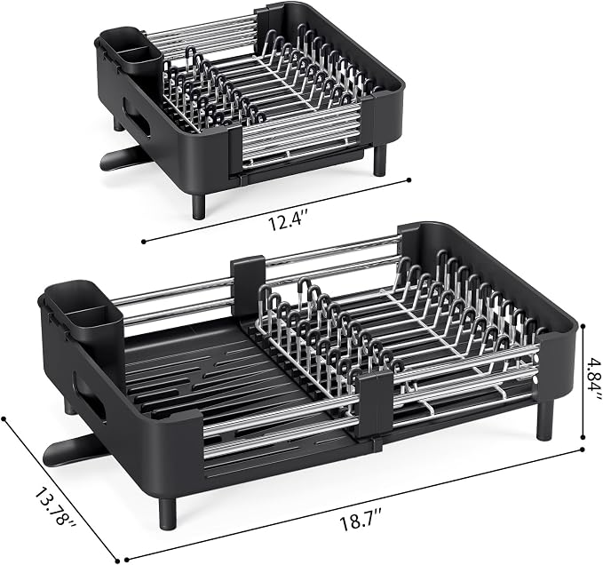 Urackify Stainless Steel Dish Drying Rack - Dish Drainer for Kitchen Counter, Extendable Drainboard with Foldable, Space-Saving Cup & Bowl Organizer, Includes Knife and Utensil Holder, Black
