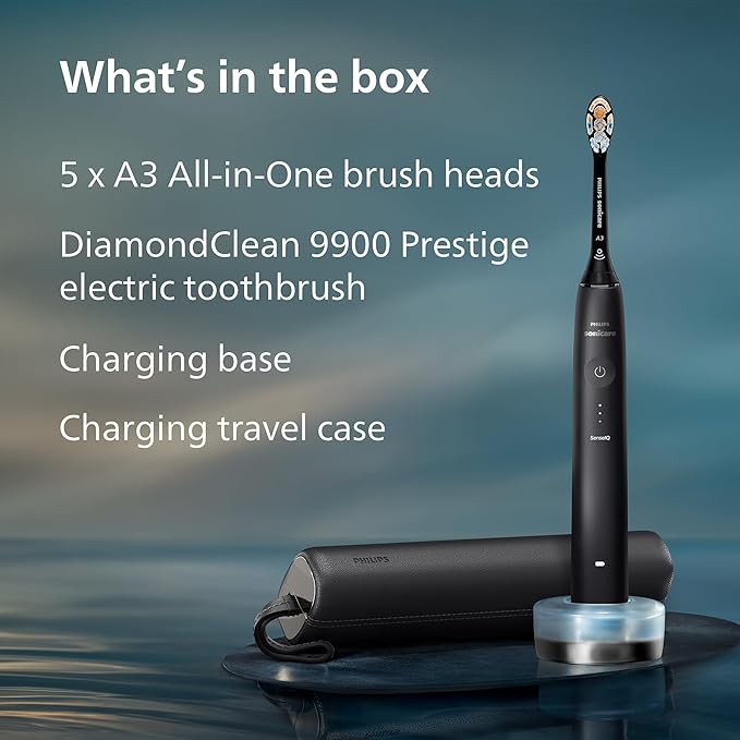 Philips Sonicare DiamondClean 9900 Prestige Electric Toothbrush - with SenseIQ Technology and Advanced AI App, 5 Brushing Modes, 3 Intensity Levels, Charging Travel Case, Quartz Black, Model BD7001AZ