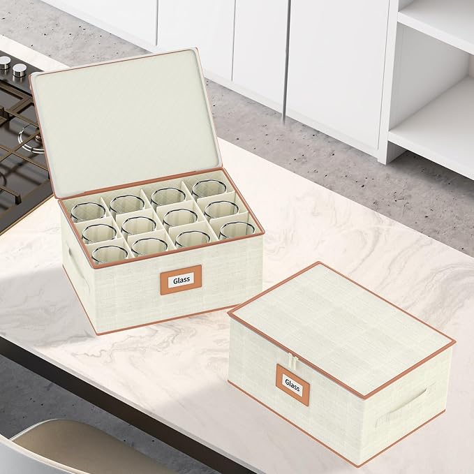 2-Pack Wine Glass Storage Box with Dividers, Hard Shell Stemware Storage | Holds 24 Crystal Glasses, Drinkware, Quilted, Dual Zippers, Reinforced Handles, Stackable, Moving and Seasonal Storage, Ivory