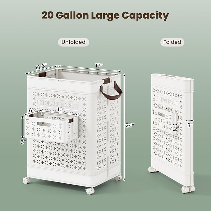 Giantex Collapsible Laundry Basket with Wheels, 75L Plastic Laundry Hamper | Foldable Dirty Clothes Hamper with Underwear Basket&Handles for Bathroom, Bedroom, Dorm Room&Laundry Room